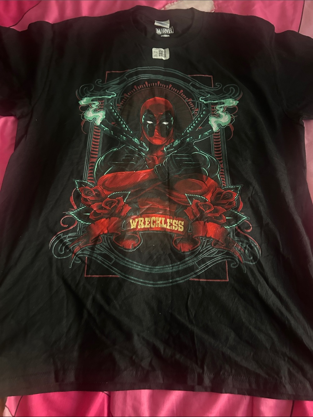 Marvel Deadpool Black Short Sleeve Tee with Red and Teal Graphic